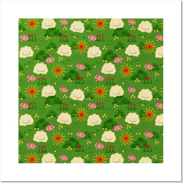 Brown bunnies in a flower field Wall Art by Sandra Hutter Designs